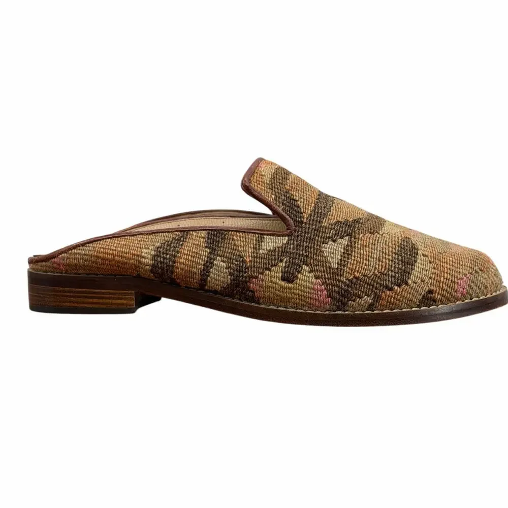 Mules Kilim Smoking Shoes Mule Women SZ 11 Tapestry Leather Wool Textile Brown